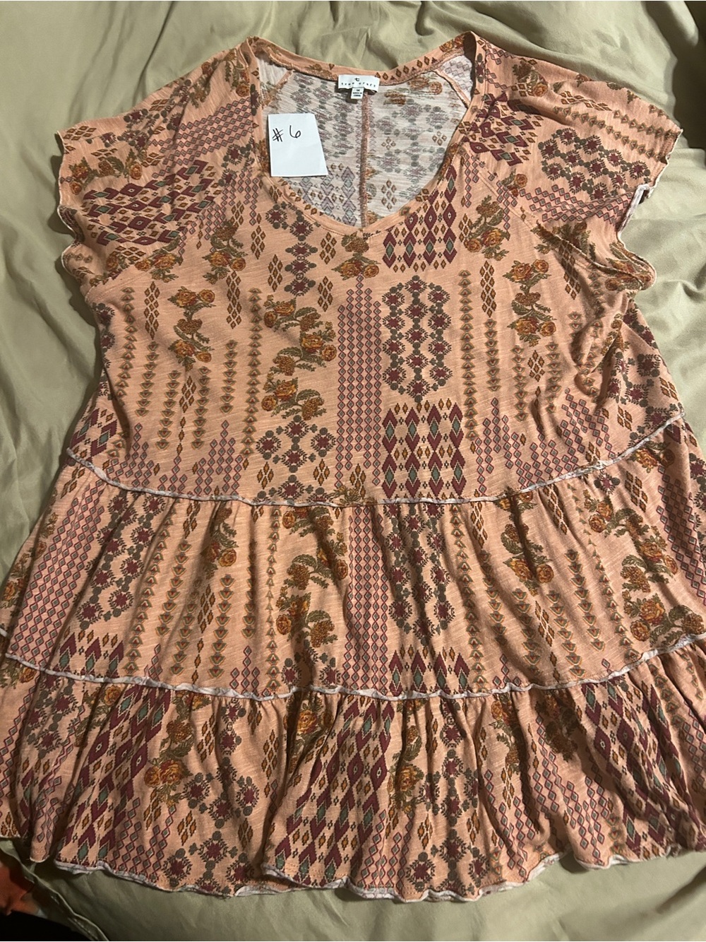 True Craft Peach Printed Tiered V-Neck Blouse